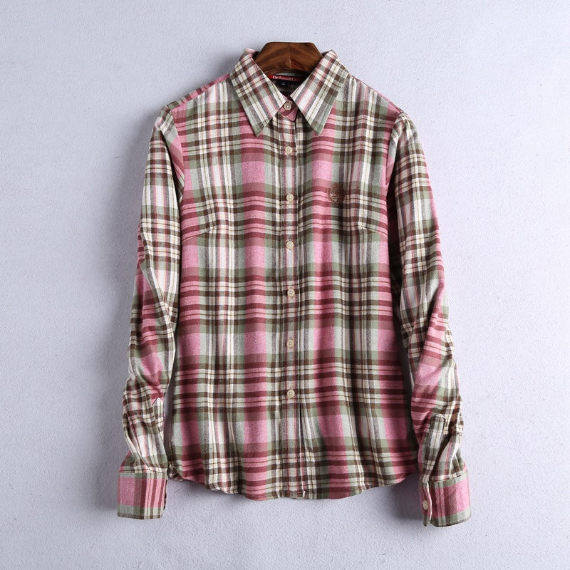 Brushed Plaid Flannel Shirt With Curved Hem - view 3