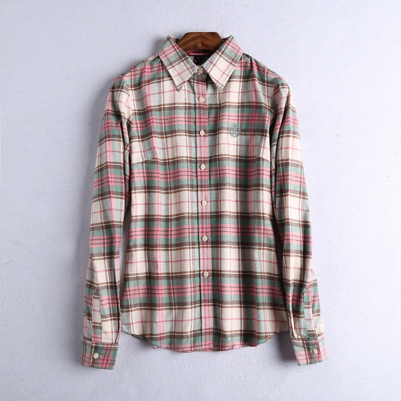 Brushed Plaid Flannel Shirt With Curved Hem - view 4