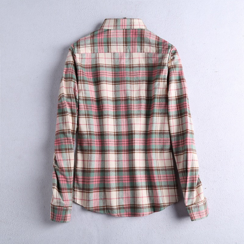Brushed Plaid Flannel Shirt With Curved Hem - view 5