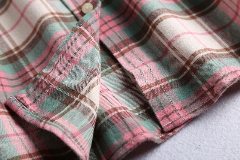 Brushed Plaid Flannel Shirt With Curved Hem - view 7