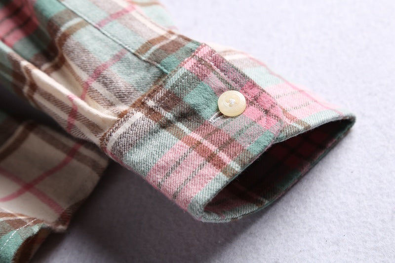 Brushed Plaid Flannel Shirt With Curved Hem - view 8