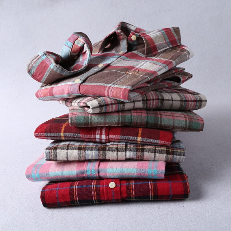 Brushed Plaid Flannel Shirt With Curved Hem - view 10