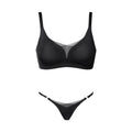 Black Seamless Lace Trim Wireless Bra And Thong Set - Black