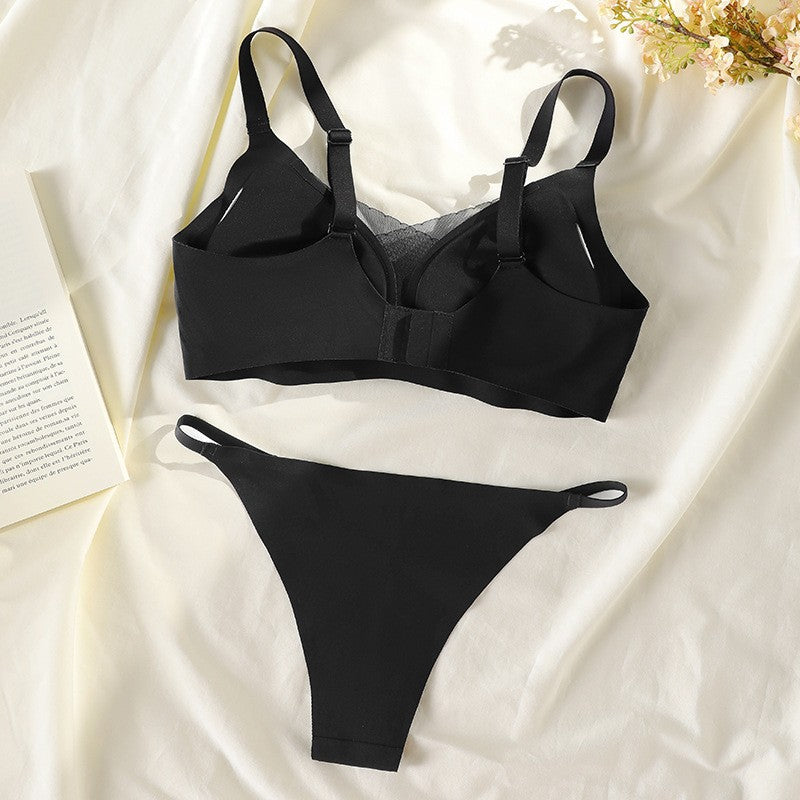 Black Seamless Lace Trim Wireless Bra And Thong Set