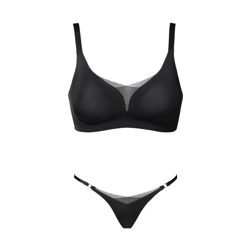 Black Seamless Lace Trim Wireless Bra And Thong Set