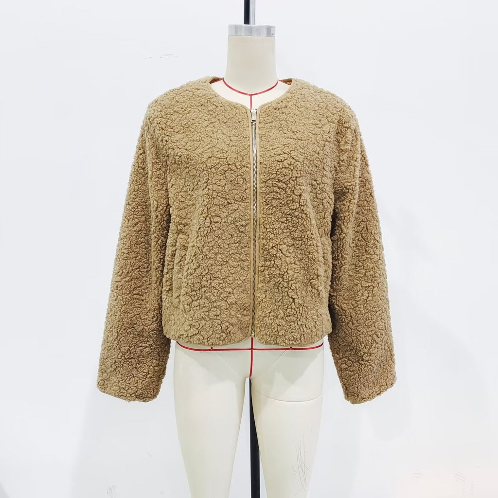 Cropped Teddy Fleece Zip Up Jacket - brown