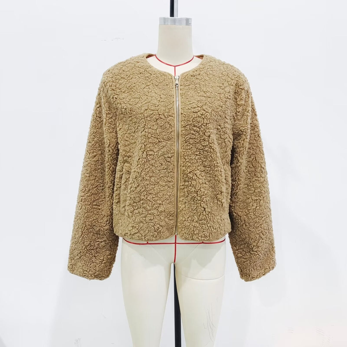 Cropped Teddy Fleece Zip Up Jacket - brown