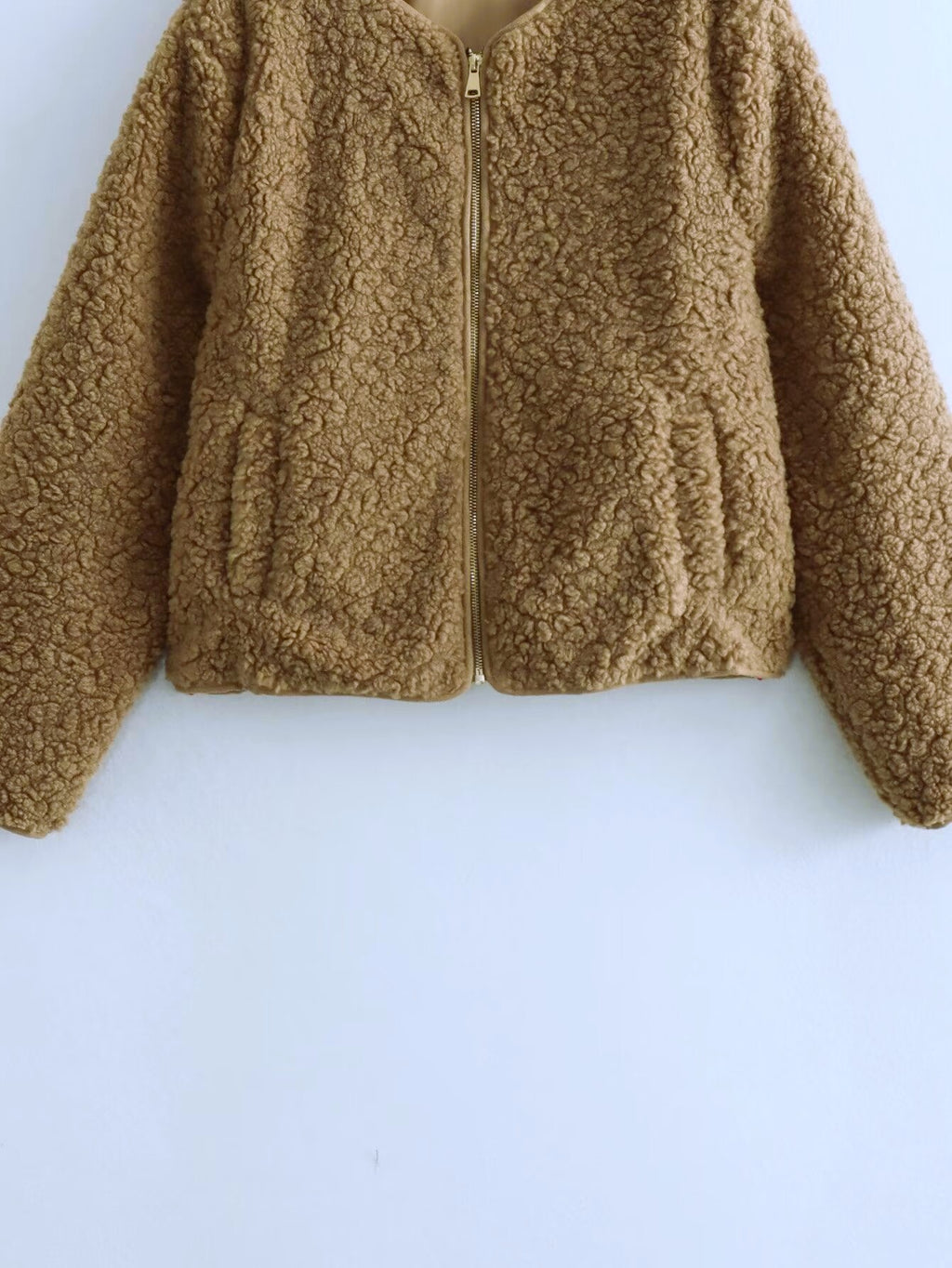 Cropped Teddy Fleece Zip Up Jacket - brown - 2