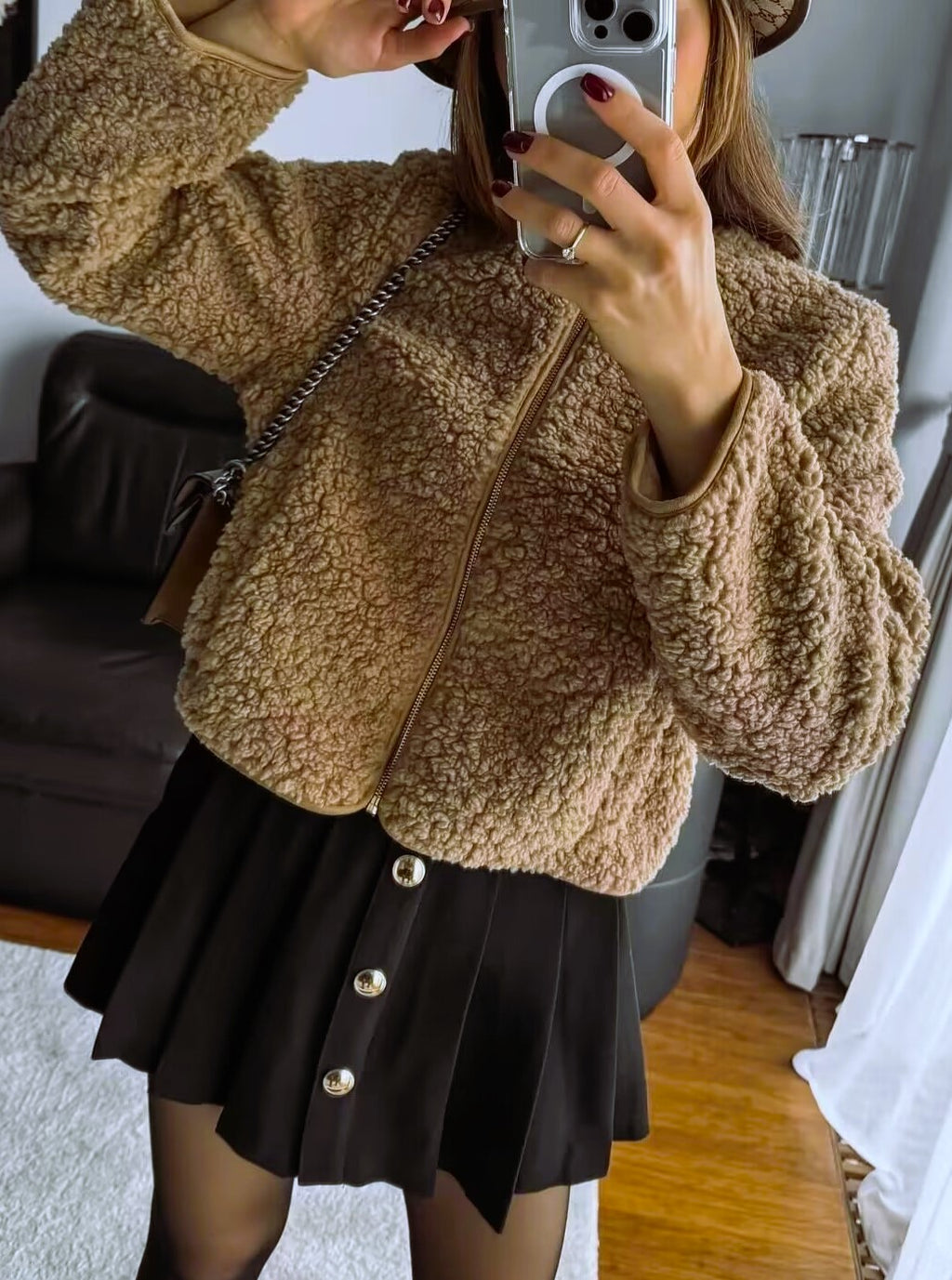 Cropped Teddy Fleece Zip Up Jacket - brown - 4