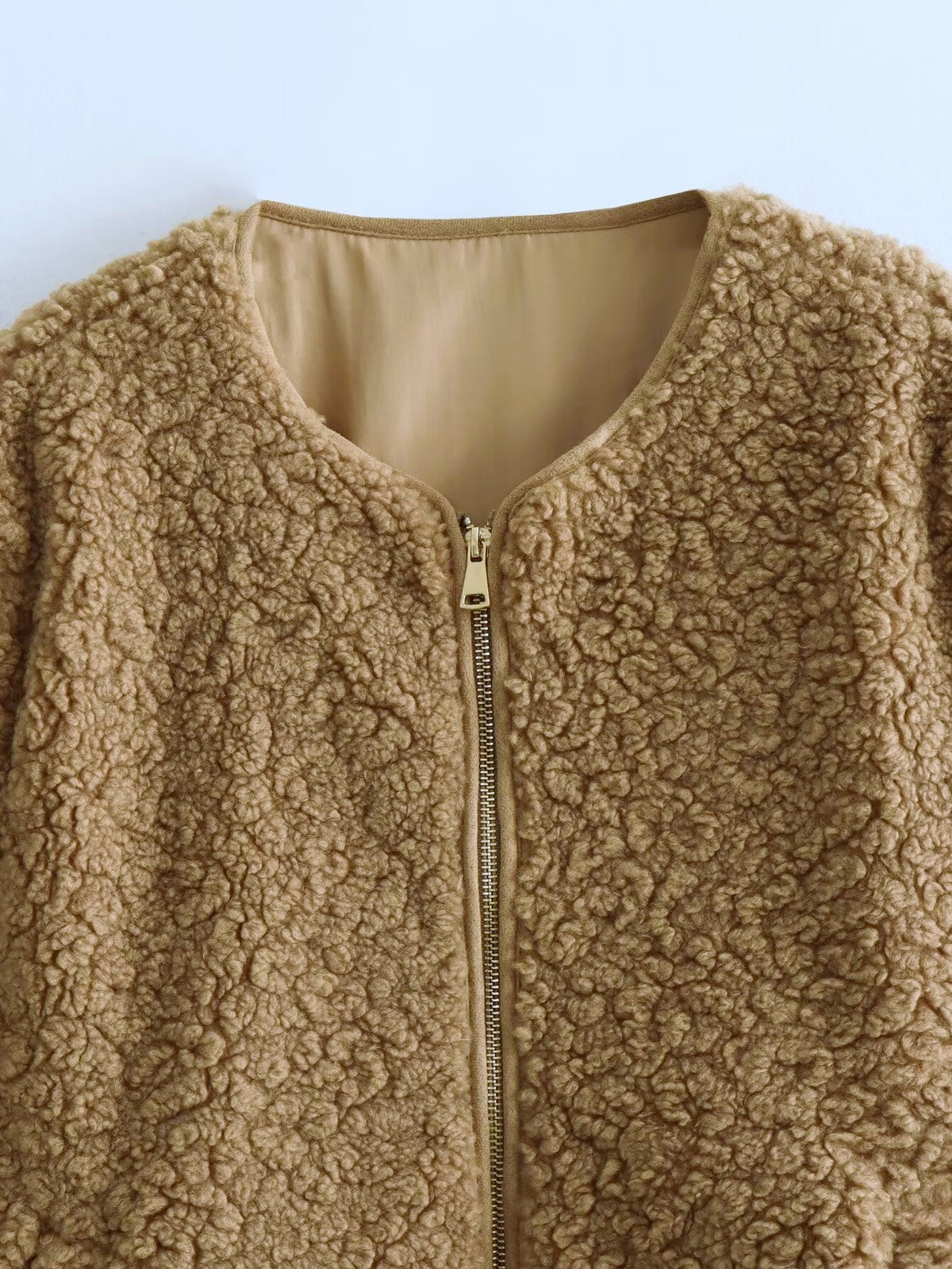 Cropped Teddy Fleece Zip Up Jacket - brown - 6