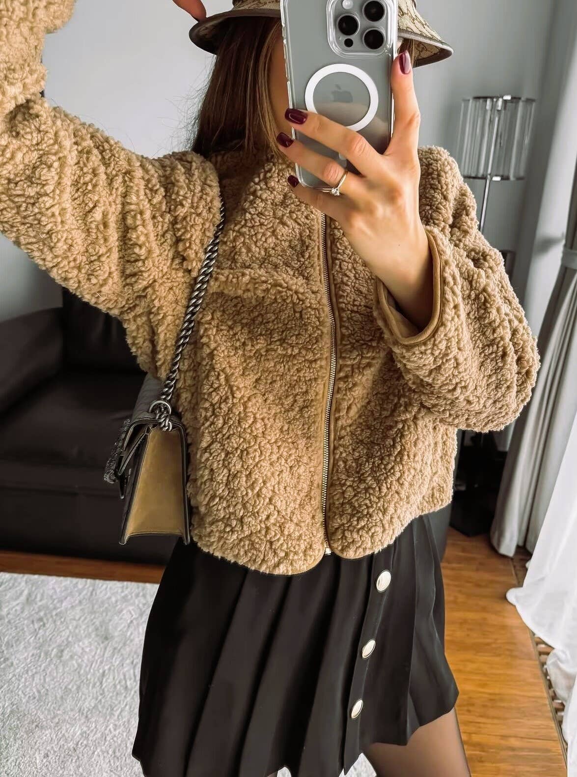 Cropped Teddy Fleece Zip Up Jacket