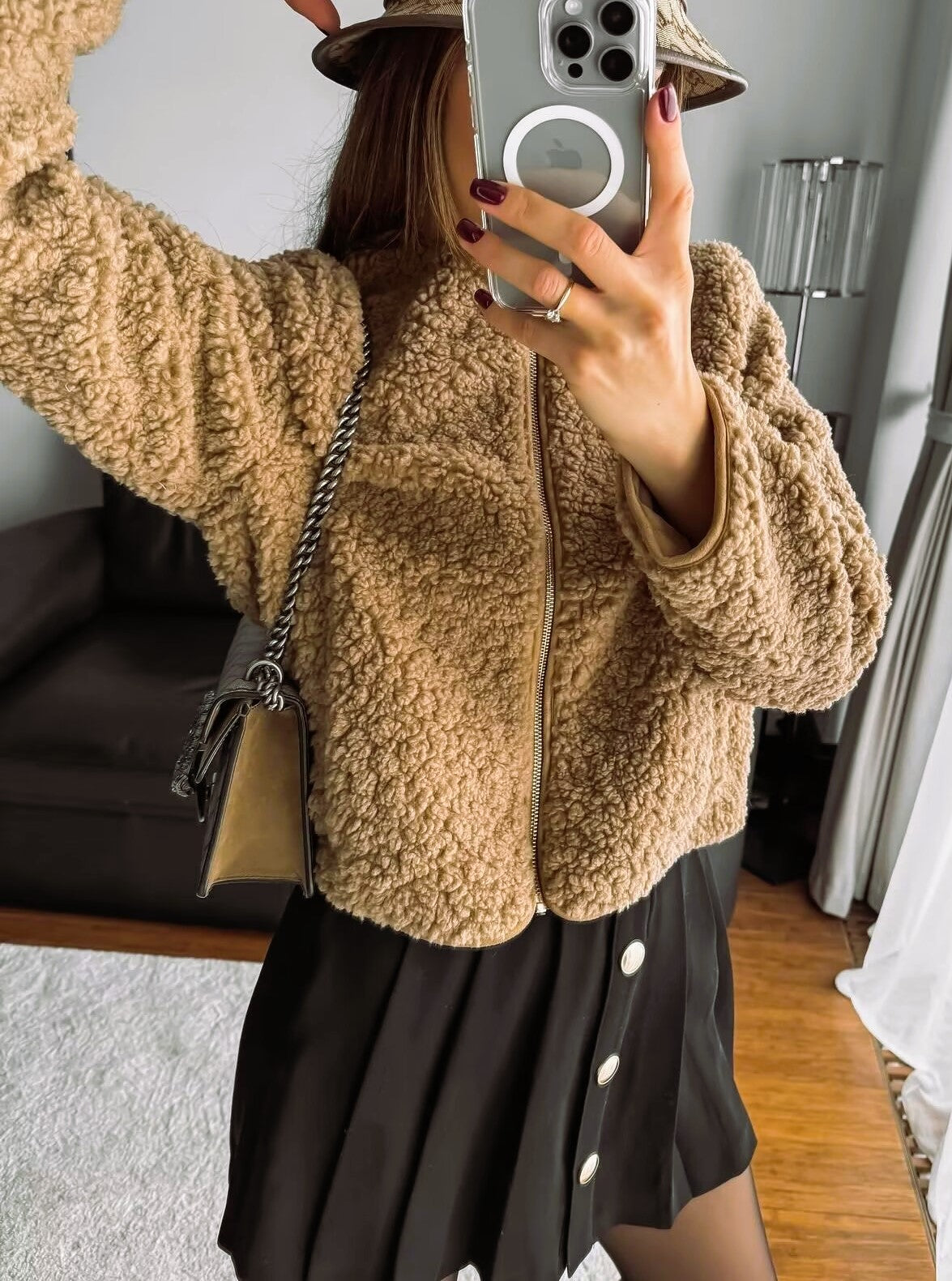 Cropped Teddy Fleece Zip Up Jacket - view 1
