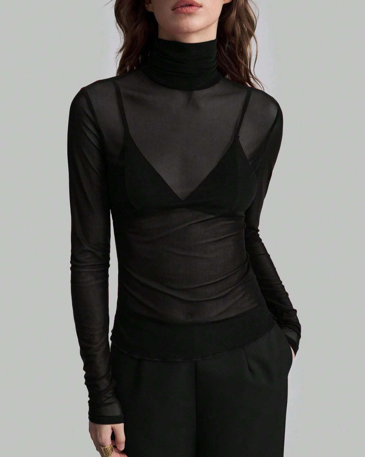 Sheer Mesh Turtleneck Slim Layering Top - Black