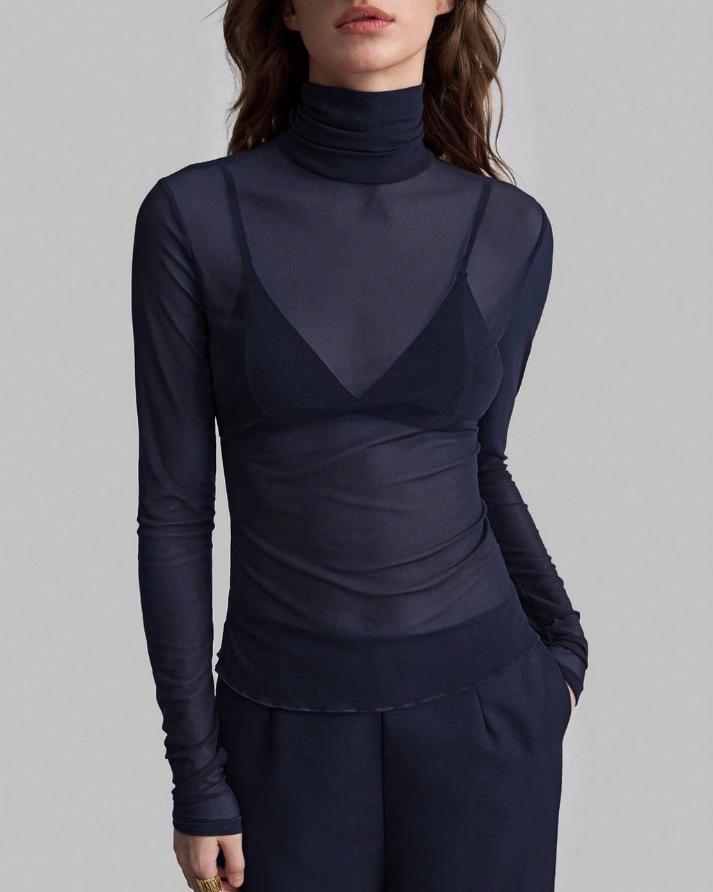 Sheer Mesh Turtleneck Slim Layering Top - Blue