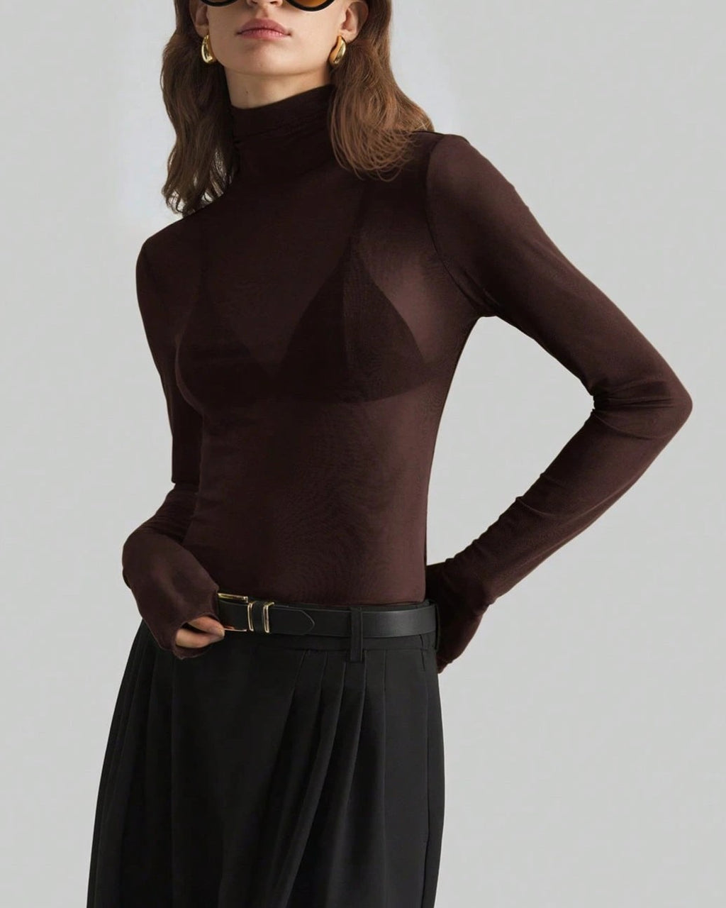 Sheer Mesh Turtleneck Slim Layering Top - Brown - 1