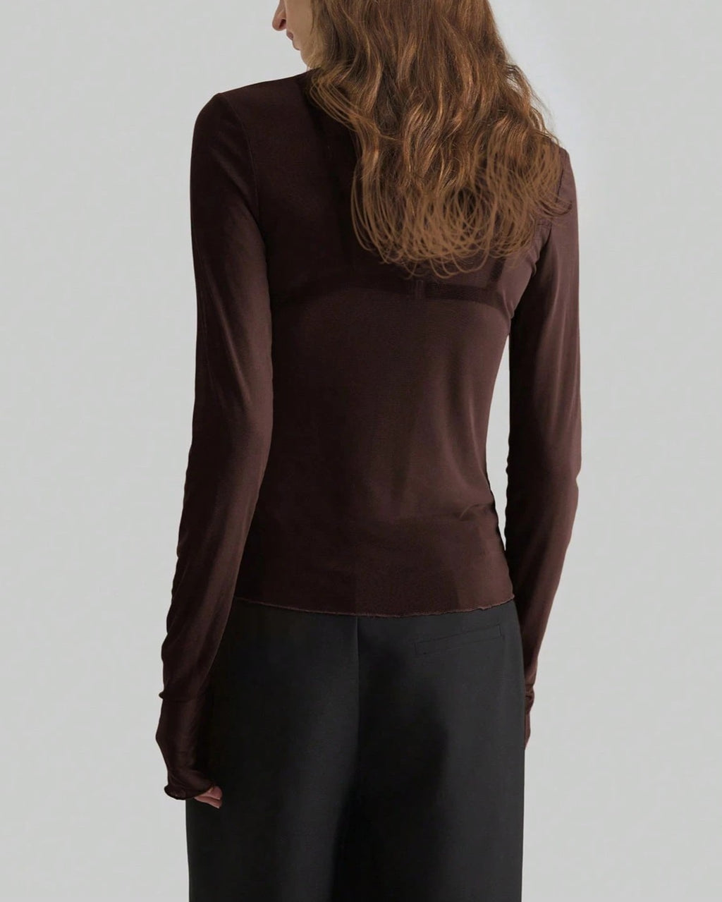 Sheer Mesh Turtleneck Slim Layering Top - Brown - 2
