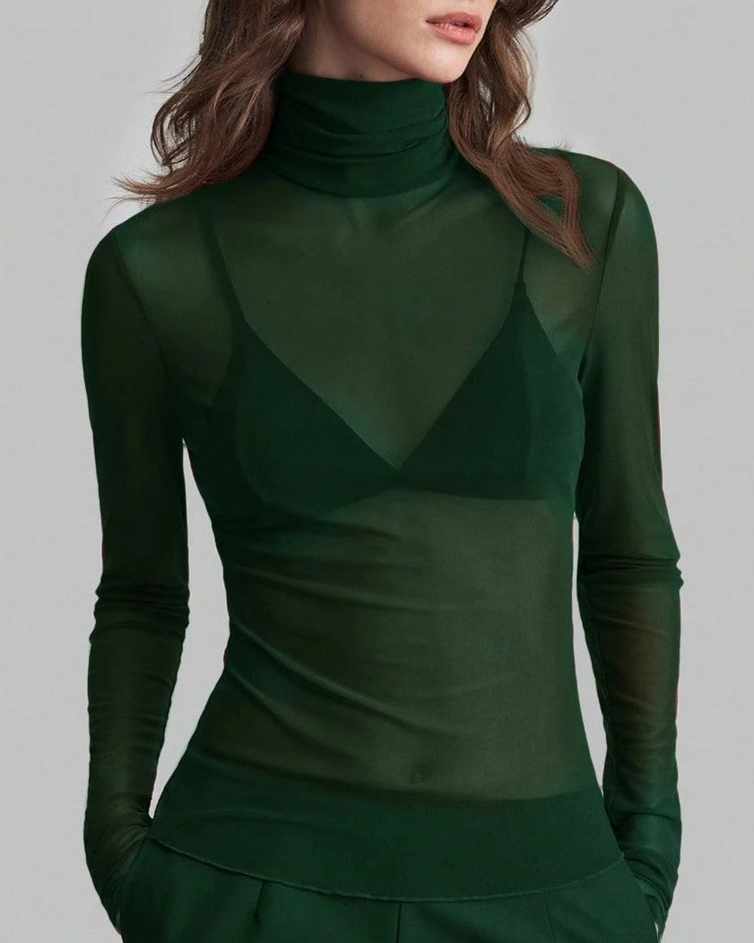Sheer Mesh Turtleneck Slim Layering Top - Green
