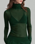 Sheer Mesh Turtleneck Slim Layering Top - Green