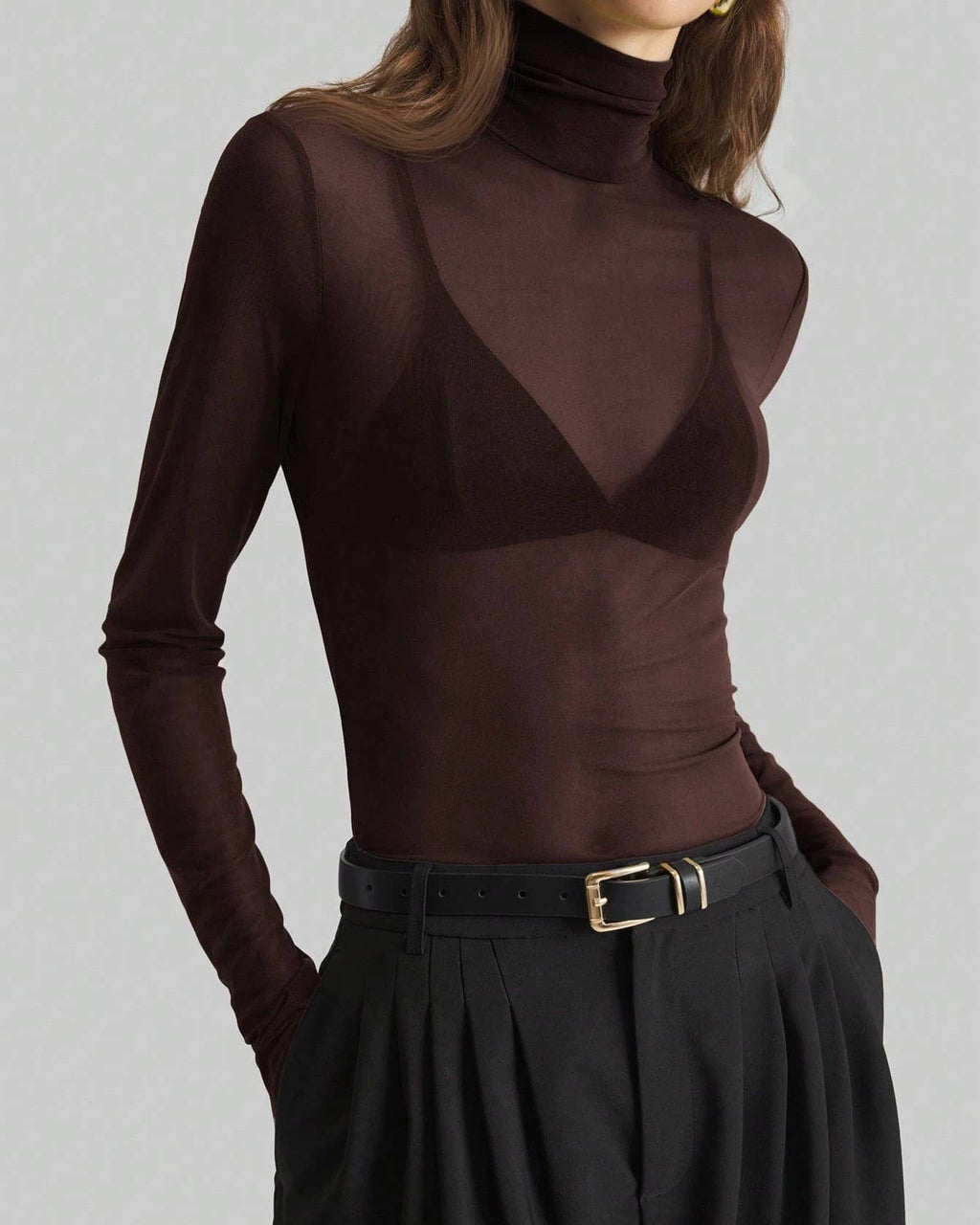 Sheer Mesh Turtleneck Slim Layering Top