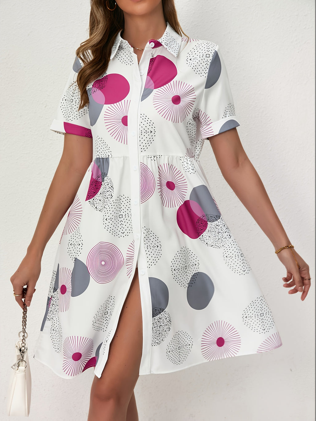 Geometric Circle Print Collared Shirt Dress - RoseRed