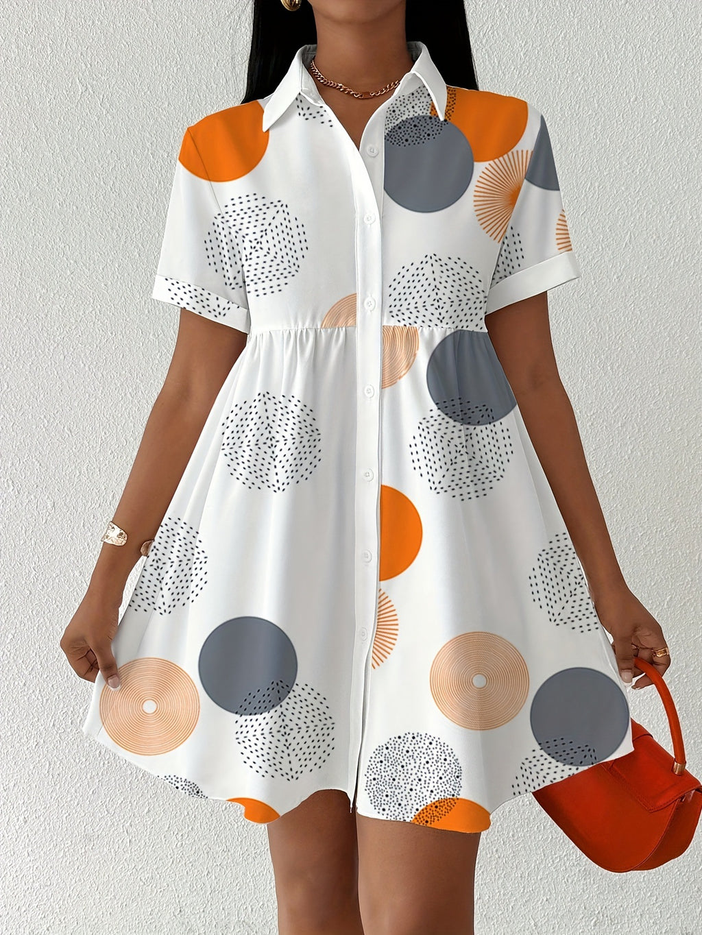 Geometric Circle Print Collared Shirt Dress - White