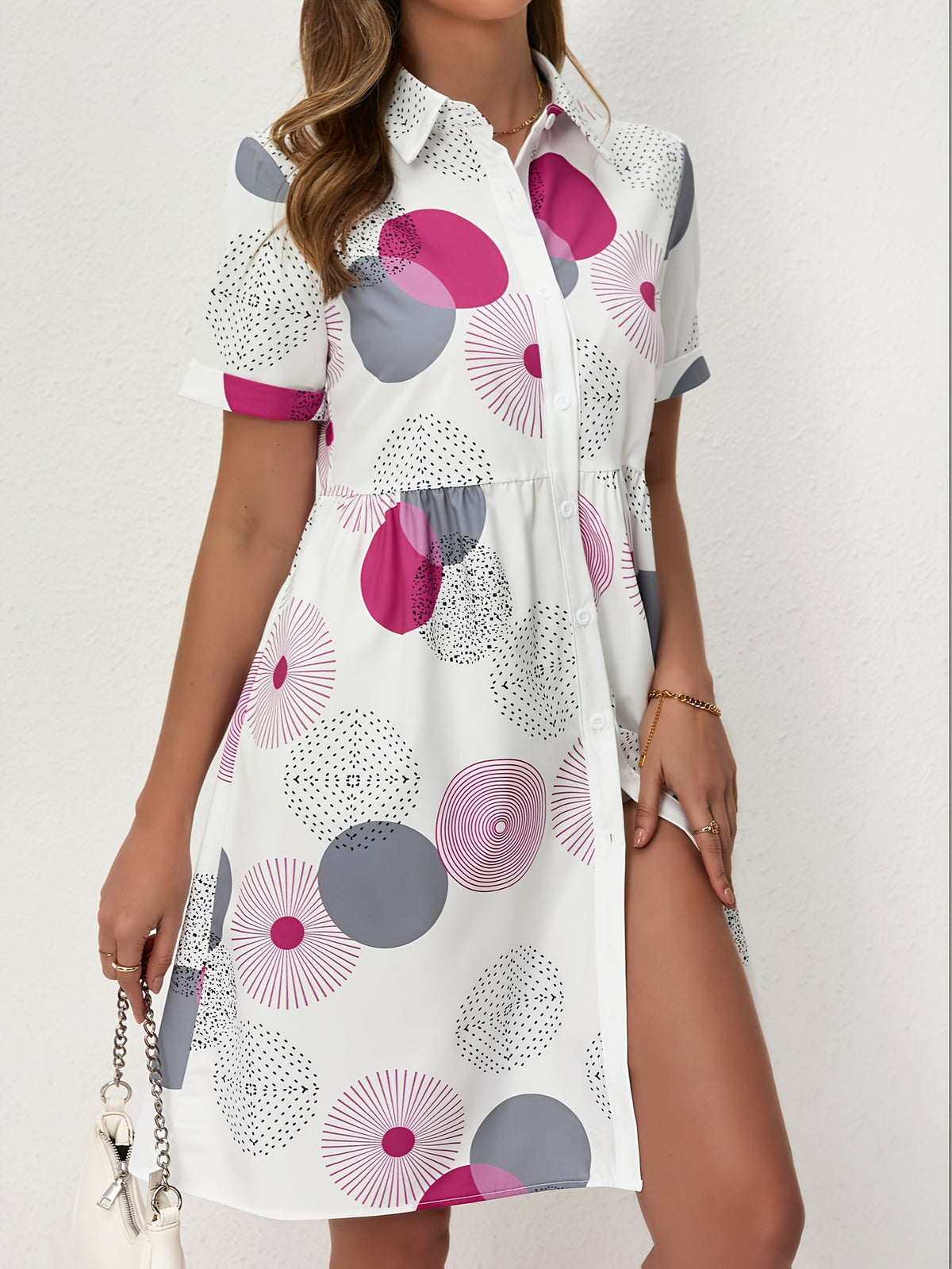 Geometric Circle Print Collared Shirt Dress