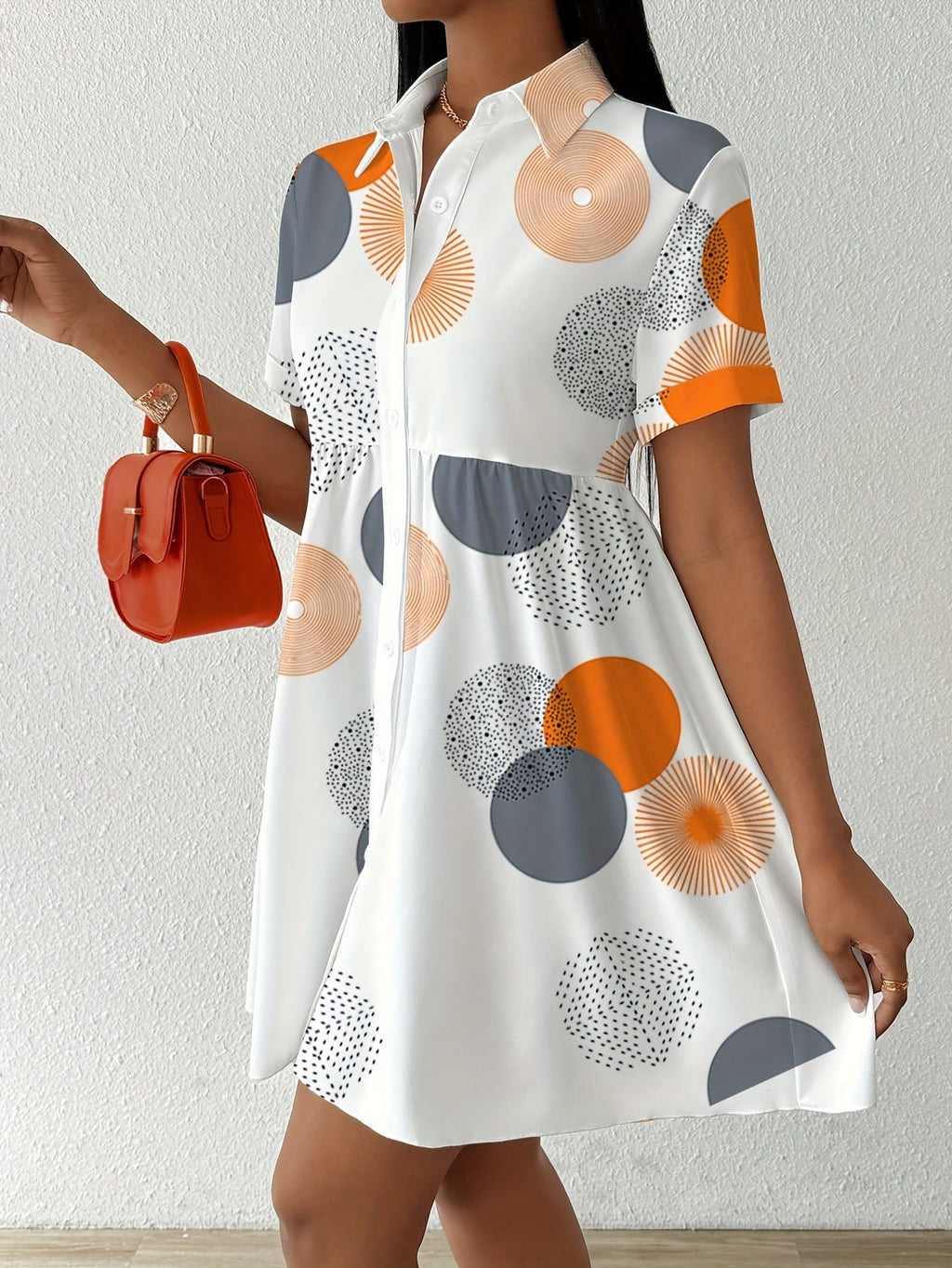 Geometric Circle Print Collared Shirt Dress - view 1