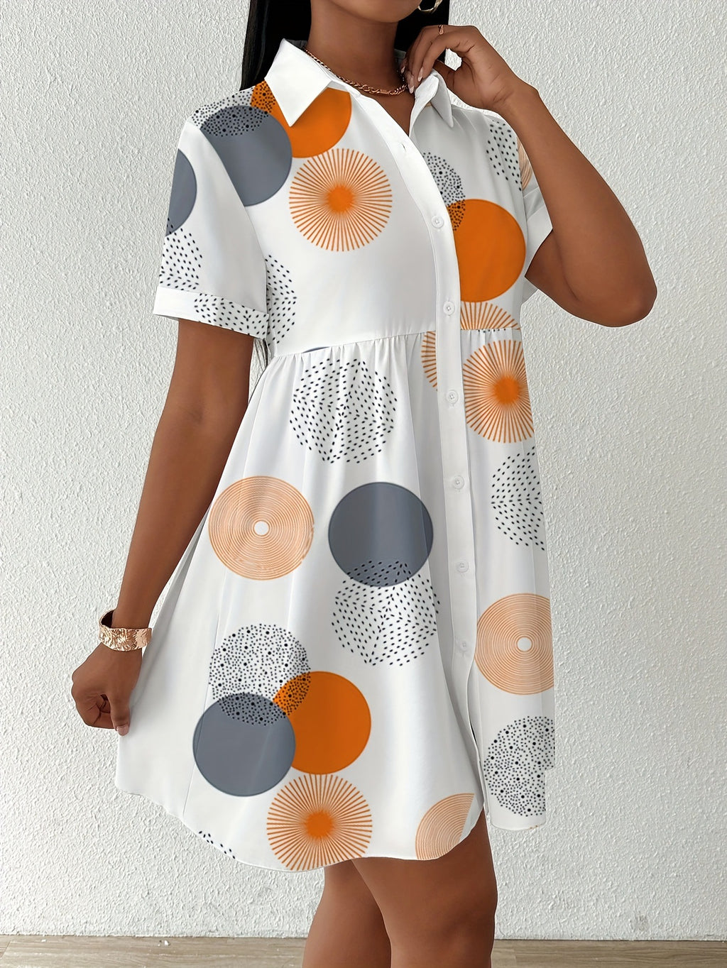 Geometric Circle Print Collared Shirt Dress - view 2