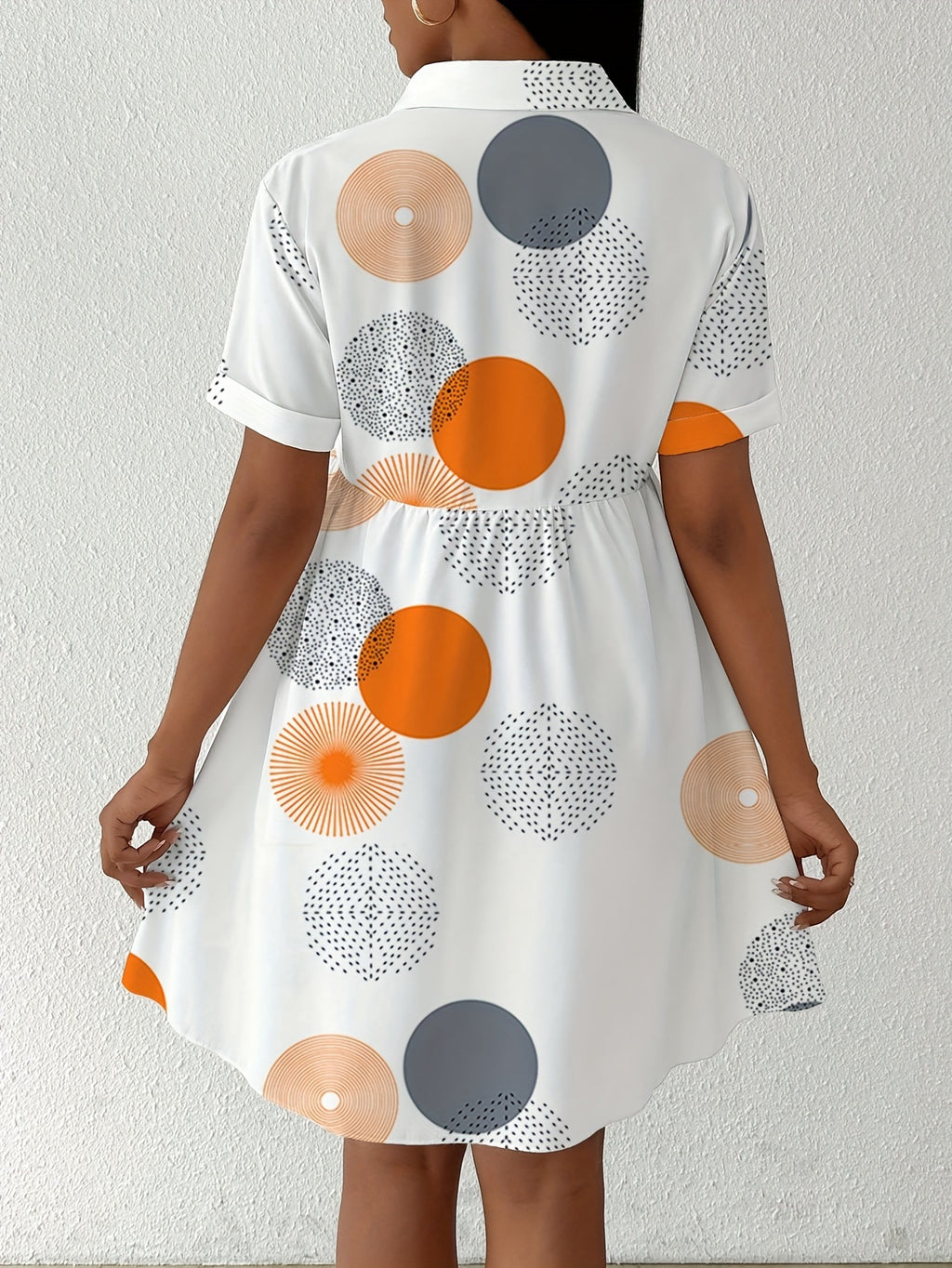 Geometric Circle Print Collared Shirt Dress - view 3