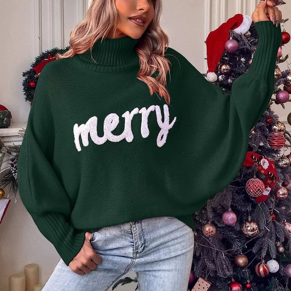 Slogan Turtleneck Batwing Knit Jumper - DkGreen