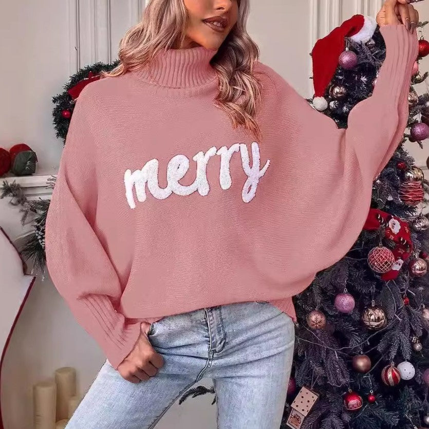 Slogan Turtleneck Batwing Knit Jumper - Pink