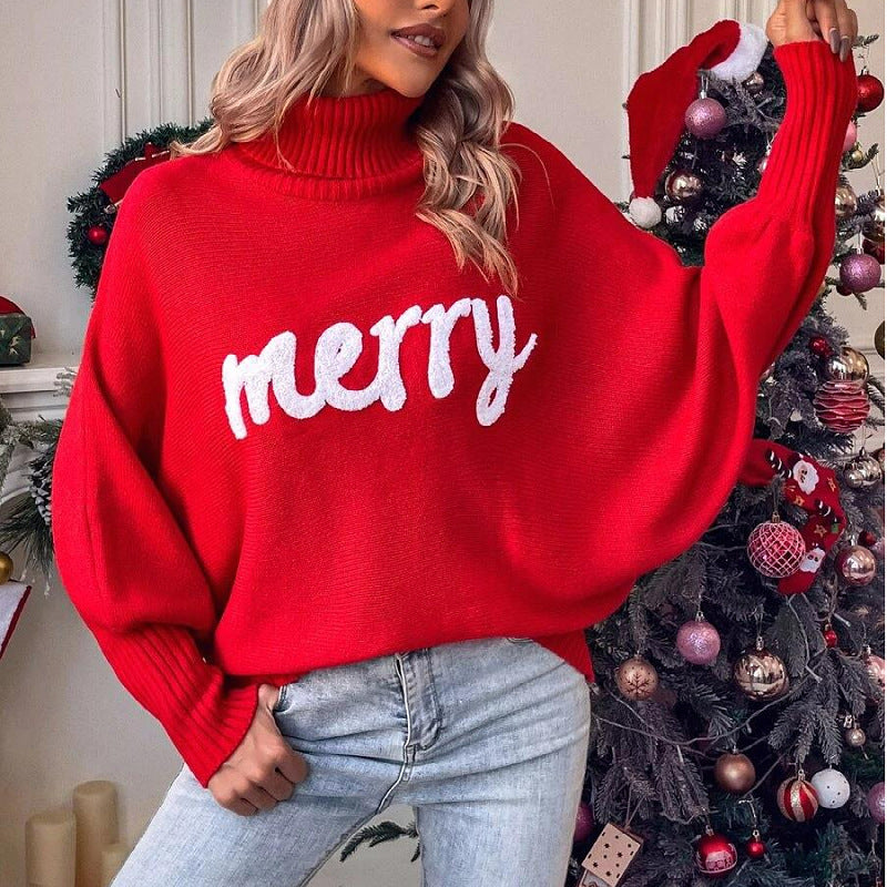 Slogan Turtleneck Batwing Knit Jumper - Red