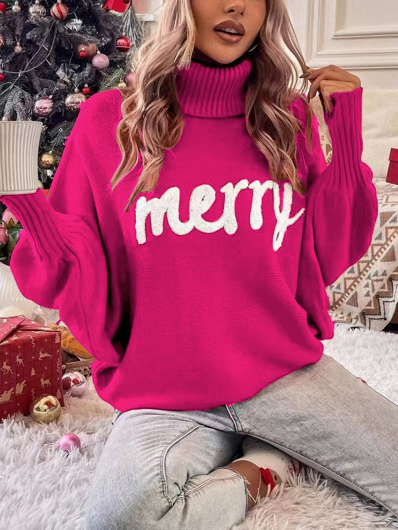Slogan Turtleneck Batwing Knit Jumper - Rose