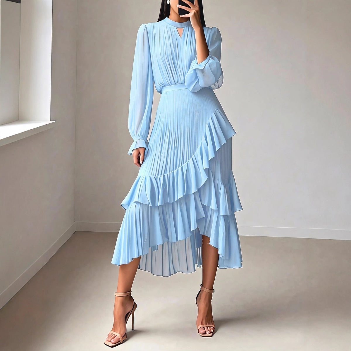 Pleated Chiffon Tiered Ruffle Long Sleeve Midi Dress