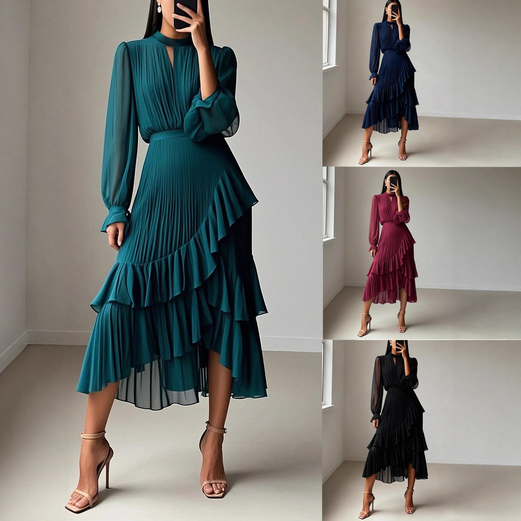 Pleated Chiffon Tiered Ruffle Long Sleeve Midi Dress