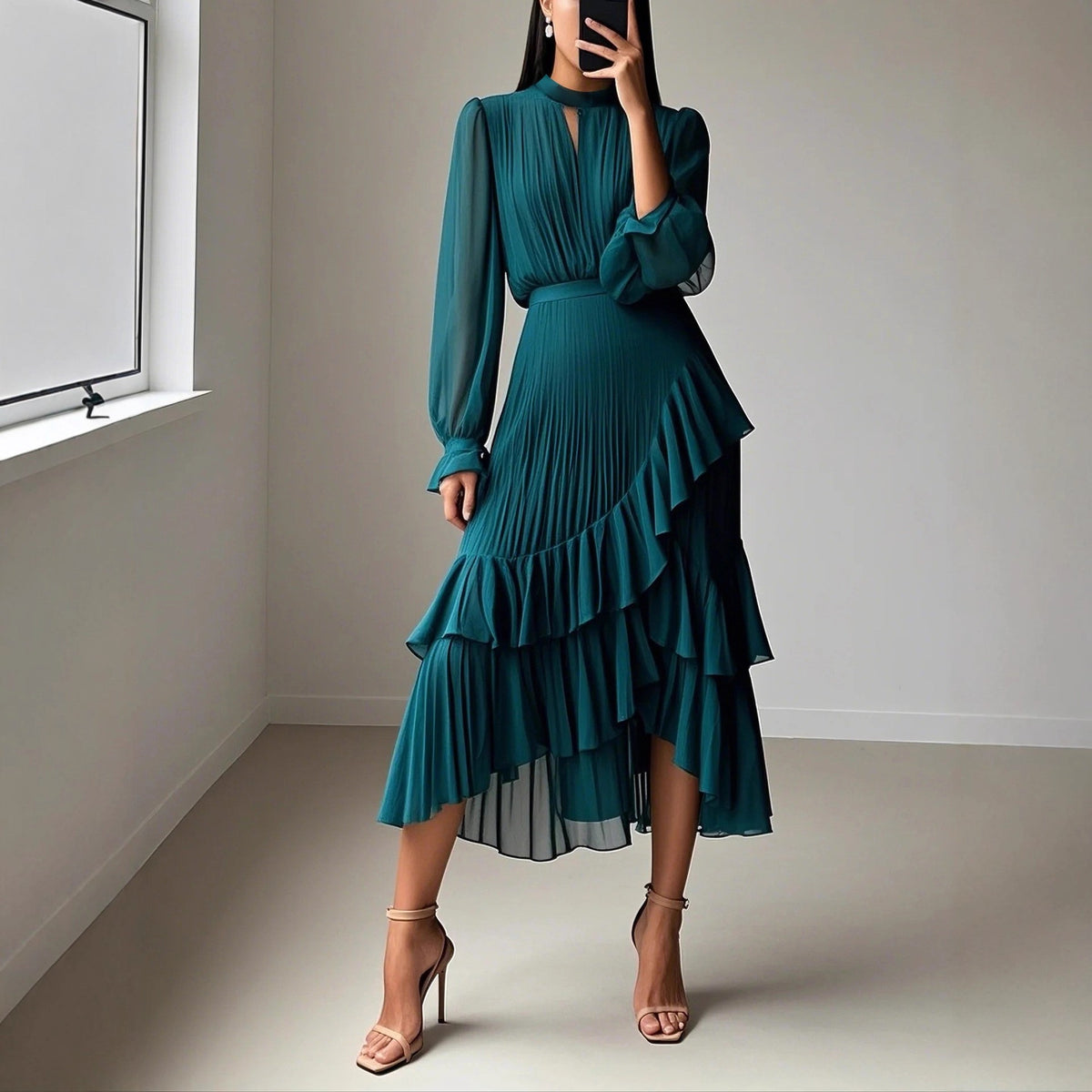 Pleated Chiffon Tiered Ruffle Long Sleeve Midi Dress