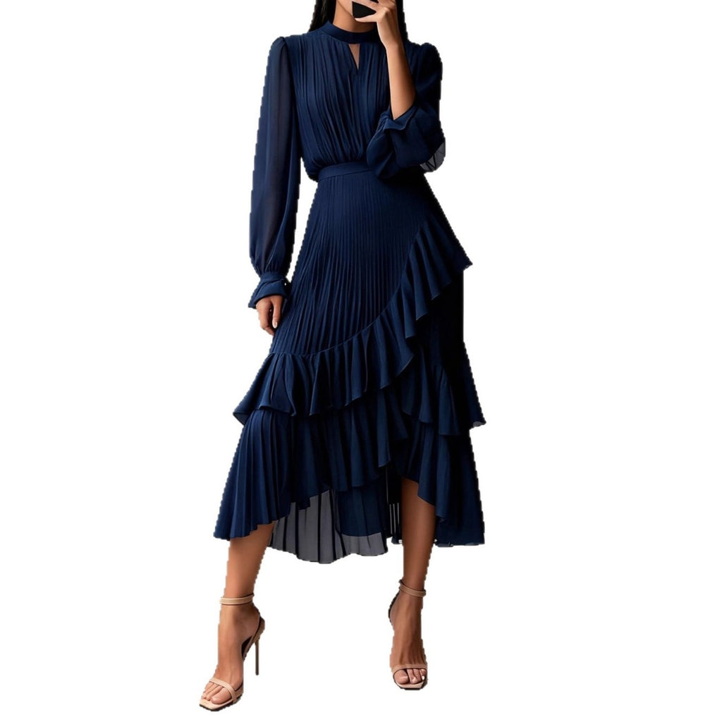 Pleated Chiffon Tiered Ruffle Long Sleeve Midi Dress
