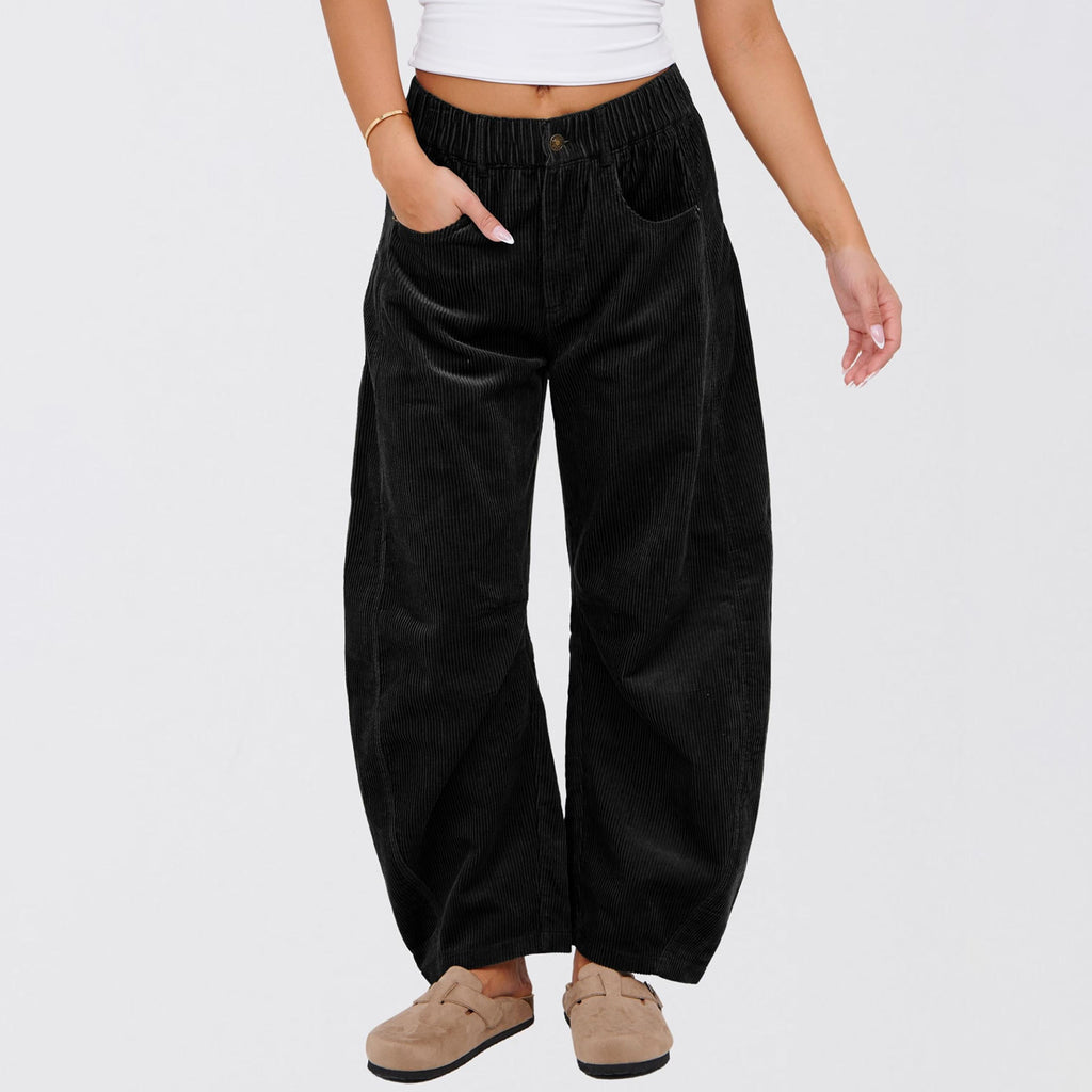 Relaxed Corduroy Barrel Leg Trousers - Black