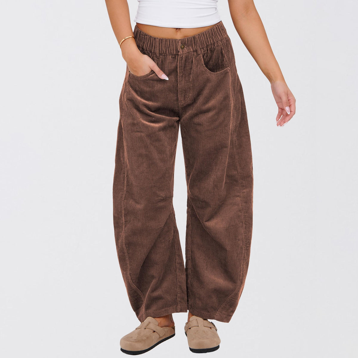 Relaxed Corduroy Barrel Leg Trousers - Brown