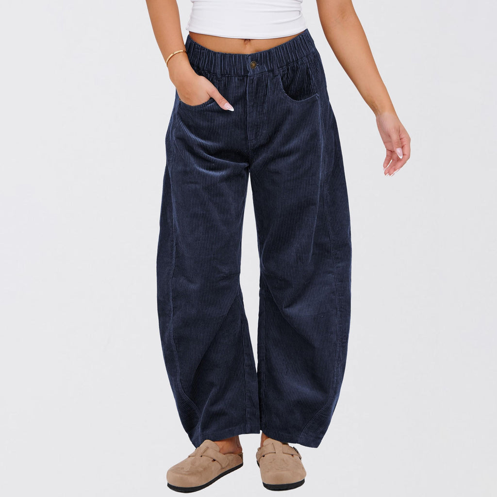 Relaxed Corduroy Barrel Leg Trousers - DarkBlue