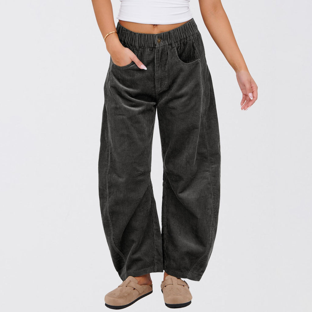 Relaxed Corduroy Barrel Leg Trousers - DarkGray