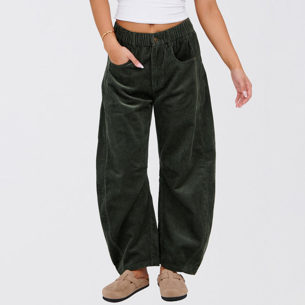 Relaxed Corduroy Barrel Leg Trousers - DarkGreen