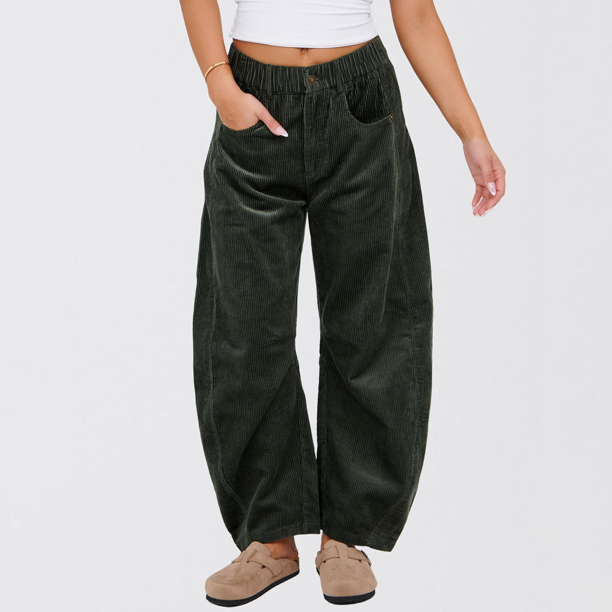 Relaxed Corduroy Barrel Leg Trousers - DarkGreen