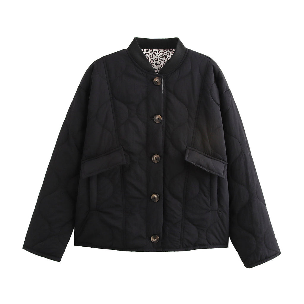 Quilted Bomber Jacket With Leopard Lined Cuffs - Black