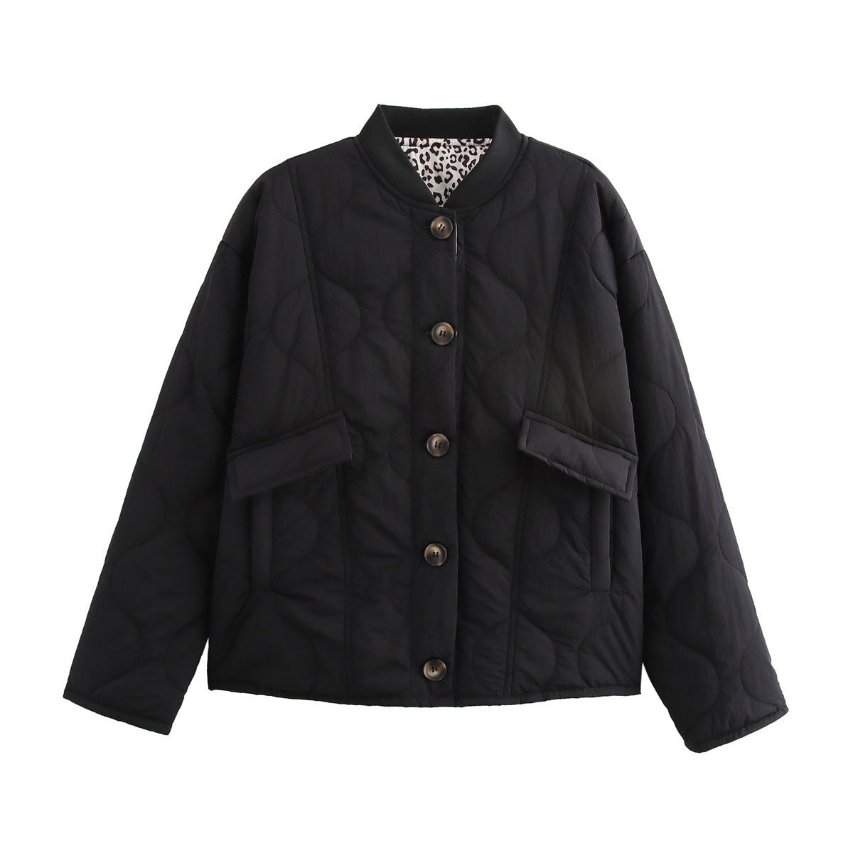 Quilted Bomber Jacket With Leopard Lined Cuffs - Black