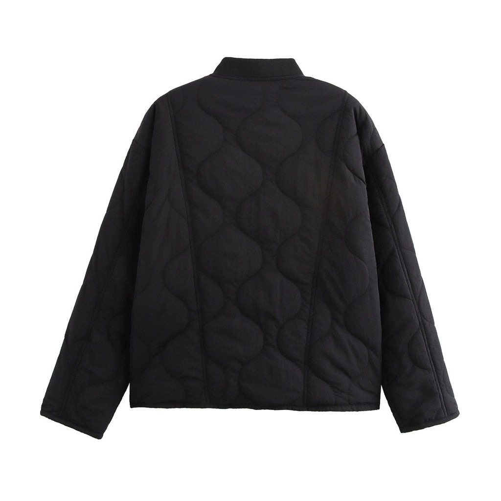 Quilted Bomber Jacket With Leopard Lined Cuffs - Black - 1