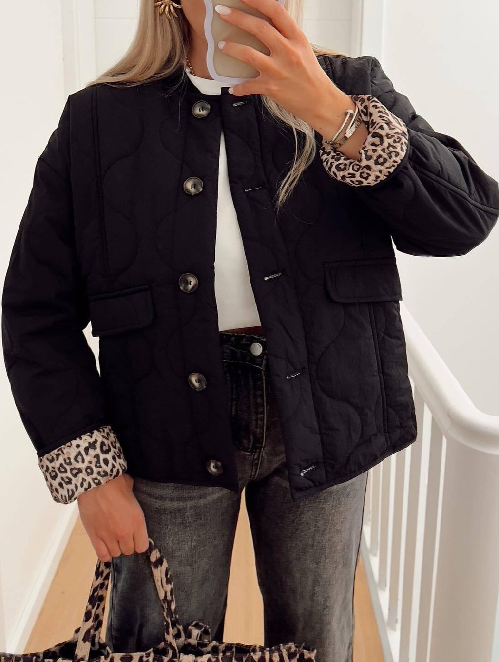 Quilted Bomber Jacket With Leopard Lined Cuffs - Black - 2