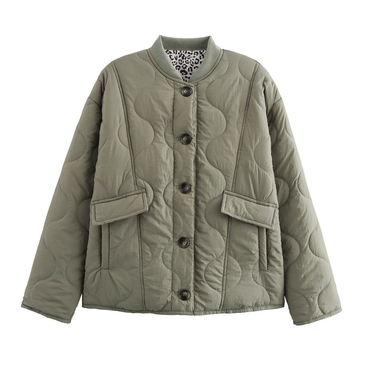 Quilted Bomber Jacket With Leopard Lined Cuffs - Green