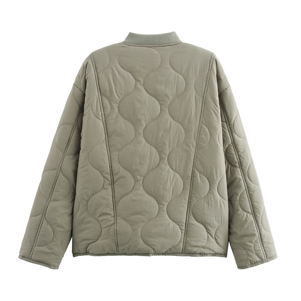 Quilted Bomber Jacket With Leopard Lined Cuffs - Green - 1