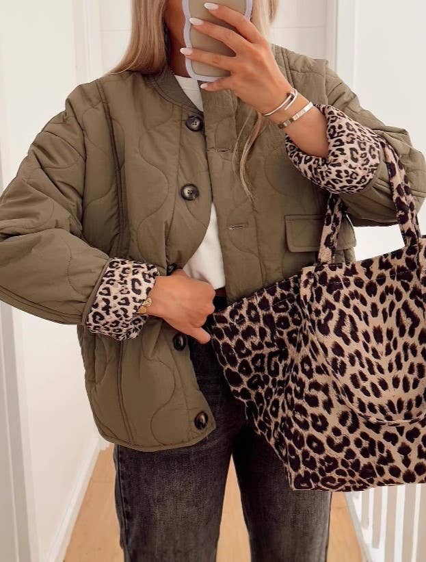 Quilted Bomber Jacket With Leopard Lined Cuffs